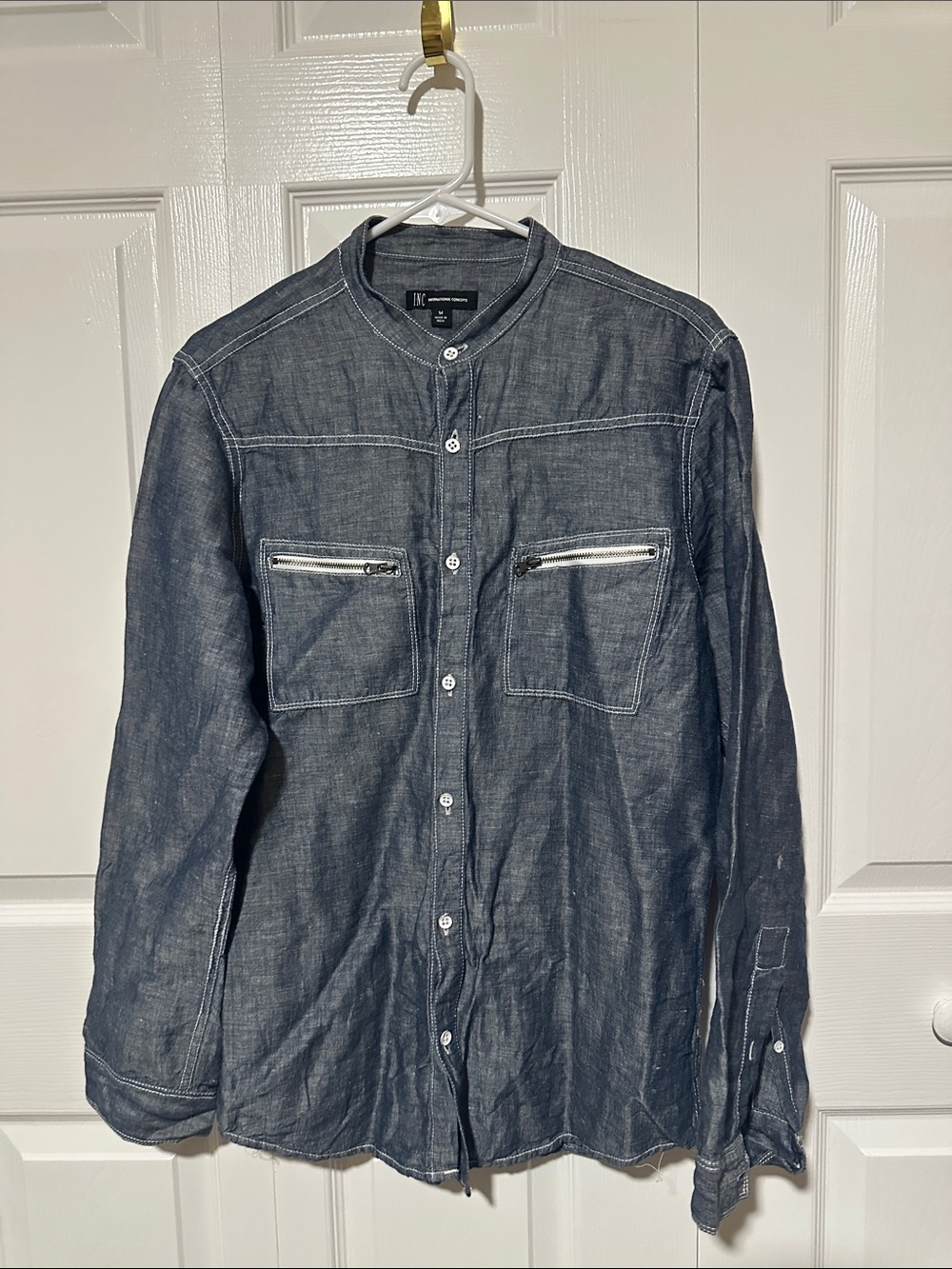 Inc Men's Dark Indigo Button-Up Long Sleeve with Zip Chest Pockets
